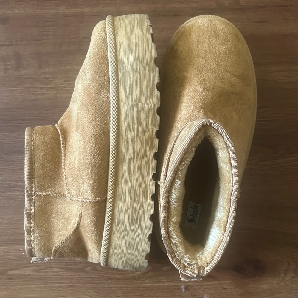 SHEIN Tan Faux Suede Platform Ankle Boots